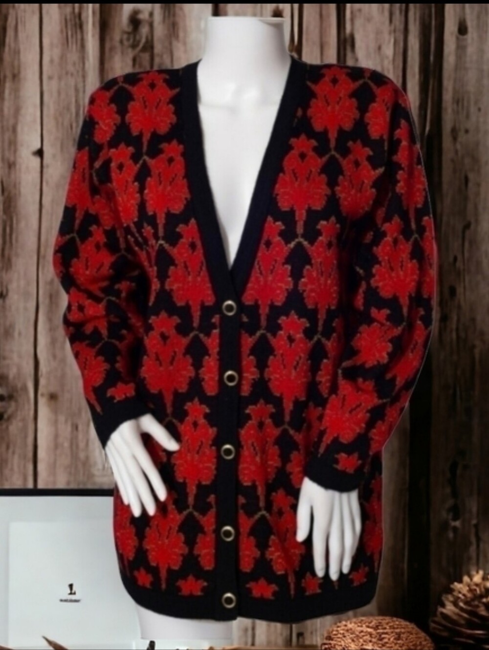 Vtg 90s Knit Cardigan red black patterned long Wool Blend Maximalist Regency M